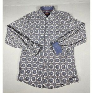 Consequence Mens Large Blue White Mosaic Medallion Print Button Down Shirt L/S